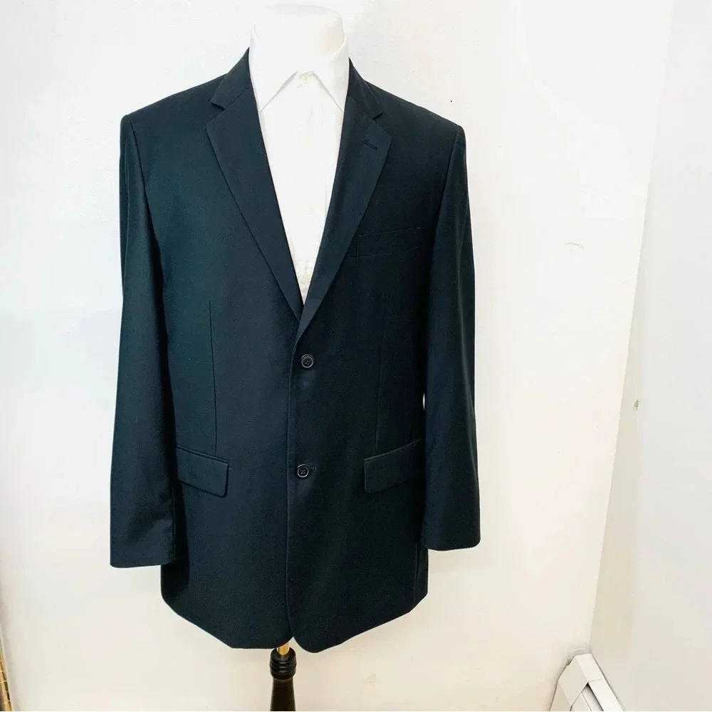 Mens  Sport Jacket 42L Black Solid 2‎ Button Blazer Super 140s Business Casual